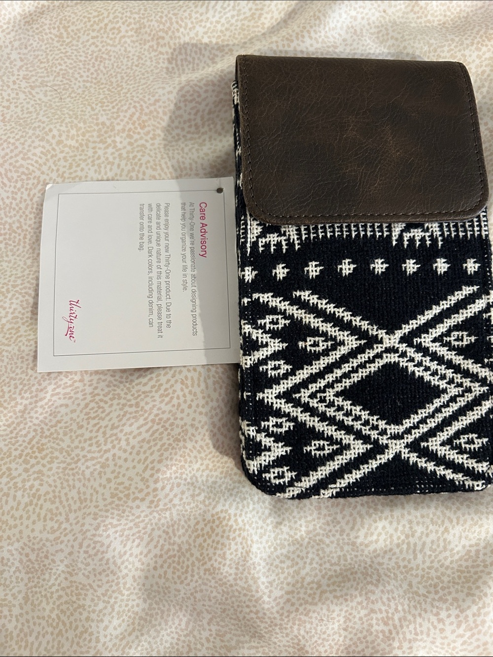 Thirty-One Black & White Geometric Crossbody Bag with Brown Flap